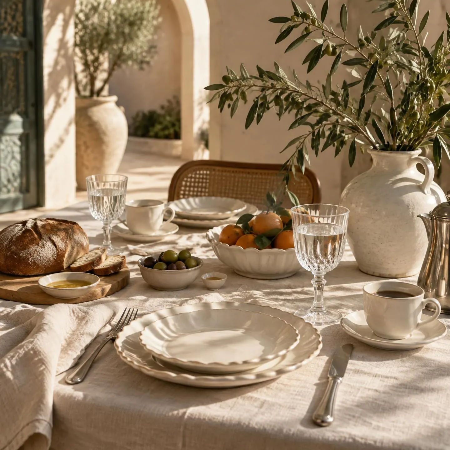مائدة مضيئة عليها صحون من الخزف وكؤوس رقيقة فوق مفرش من الكتان